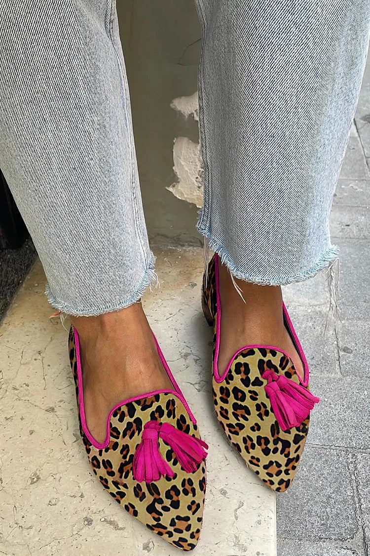 Leopard Print Faux Suede Tassels Decor Casual Pointy Flats