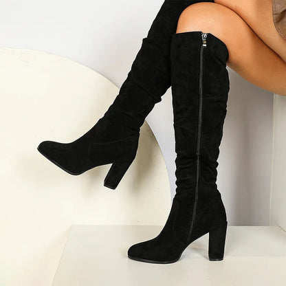 Zipper Solid Color Patchwork Pointed Toe Chunky Heel Knee High Boots