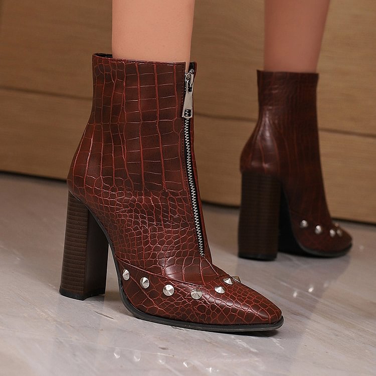 Metal Rivets Patchwork Zipper Square Toe Chunky Heel Ankle Boots