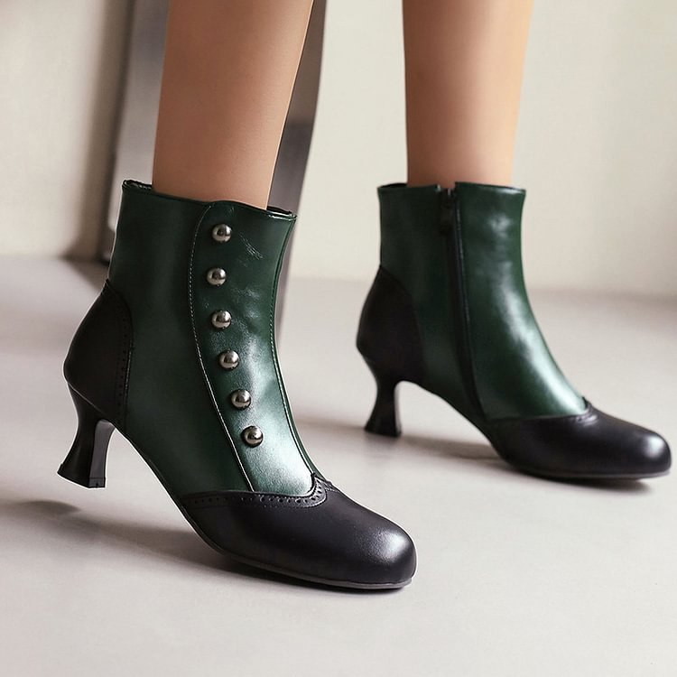 Colorblock Round Toe Metallic Studded Zipper Ankle Boots