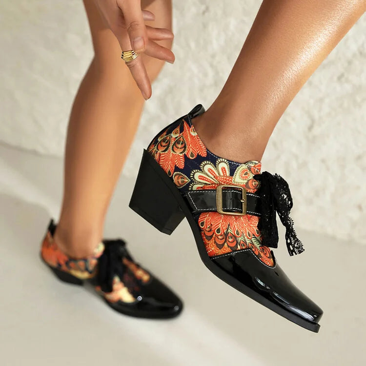 Roses Skull Print Patchwork Tied Up Lace Square Toe Chunky Heel Oxfords