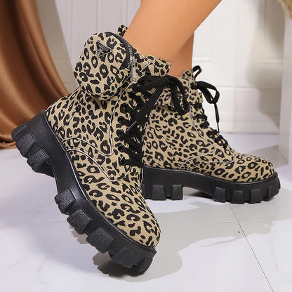 Leopard Print Pocket Decor Round Toe Lace Up Ankle Boots