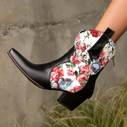 Floral Print Patchwork Chunky Heel Pointed Toe Ankle Boots