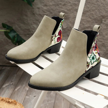 Floral Print Patchwork Zipper Pointed Toe Ankle Boots