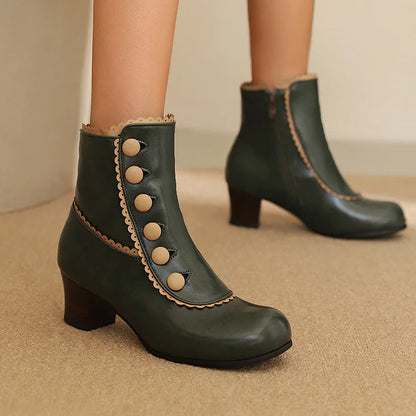 Buttons Colorblock Trim Round Toe Chunky Heel Ankle Boots