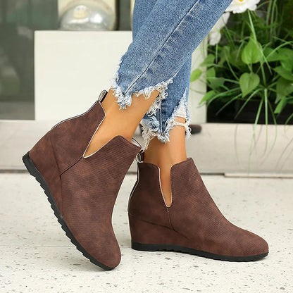 V Cut Solid Color Round Toe Wedge Heel Slip On Ankle Boots