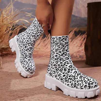 Leopard Pattern Chunky Heel Round Toe Pull On Mid Boots