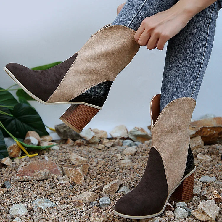 Colorblock V Groove Round Toe Chunky Heel Mid Calf Boots