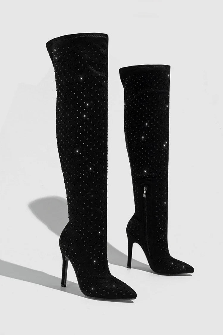 Rhinestone Decor Pointed Toe Stiletto Heel Over The Knee Boots