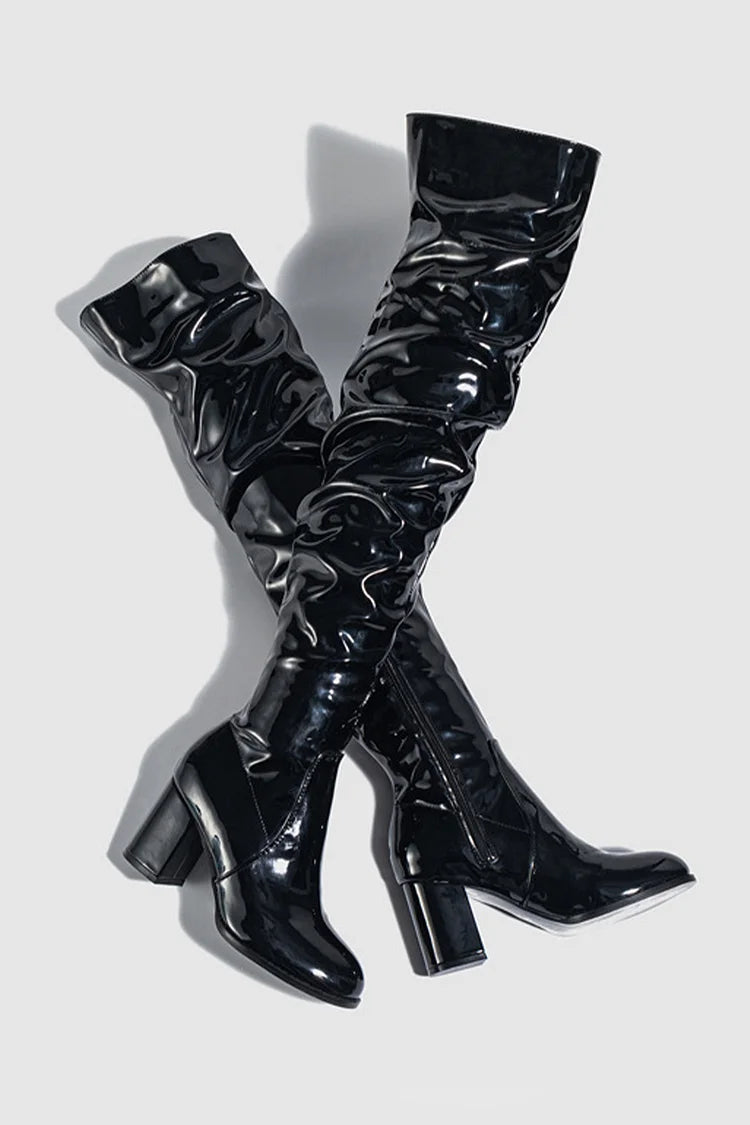 Solid Color Round Toe Chunky Heel Patchwork Zipper Over The Knee Boots