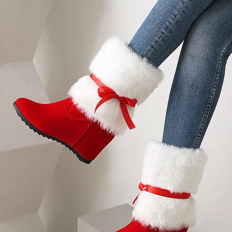 Christmas Fluffy Tied Up Bow Round Toe Wedge Heel Mid Boots