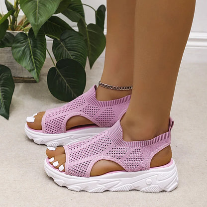 Hollow Out Knit Breathable Low Heels Casual Sandals