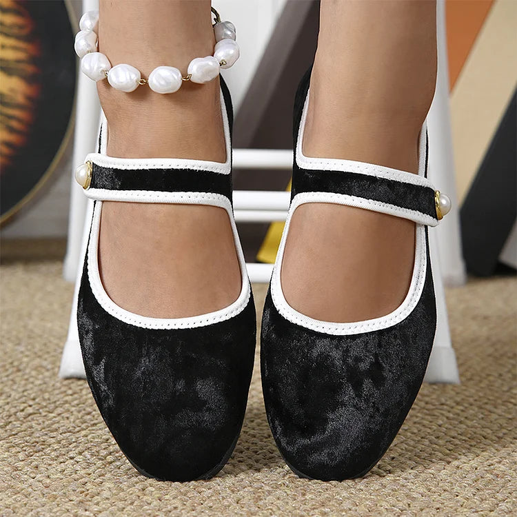 Contrast Trim Instep Strap Buckle Round Toe Velvet Flats