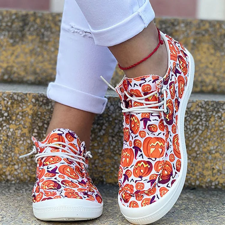 Halloween Colored Skeleton Pumpkin Print Lace Up Casual Shoes