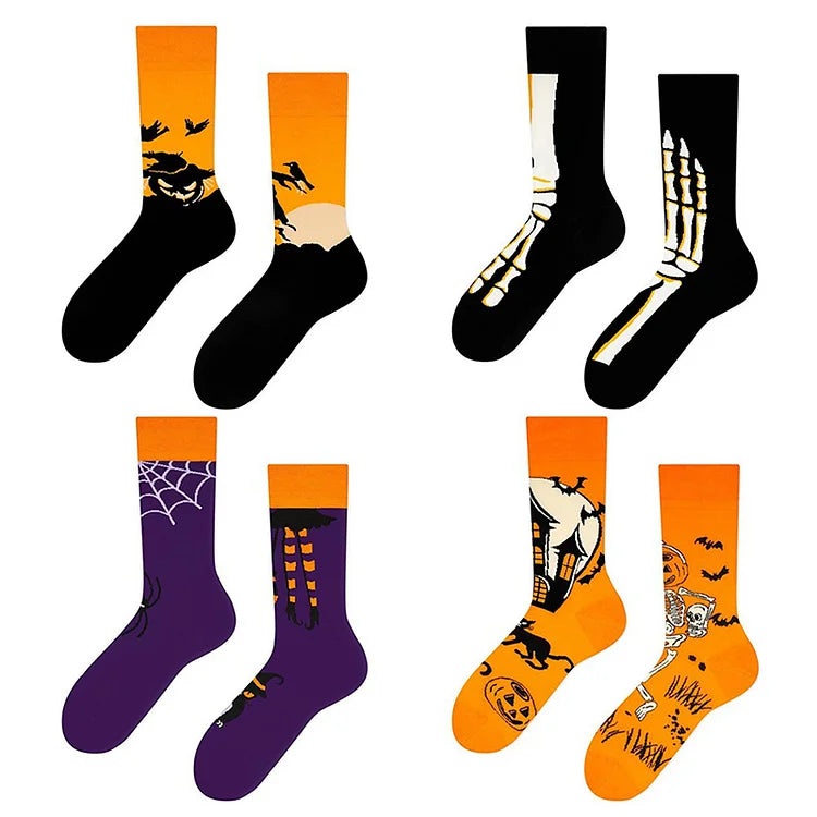 Halloween Haunted House Pumpkin Skull Sunset Crow Print Mid Calf Socks