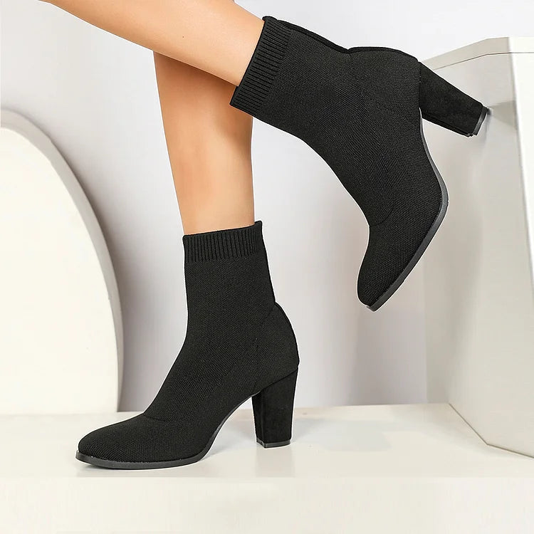 Knitted Solid Color Pointed Toe Chunky Heel Pull On Sock Ankle Boots