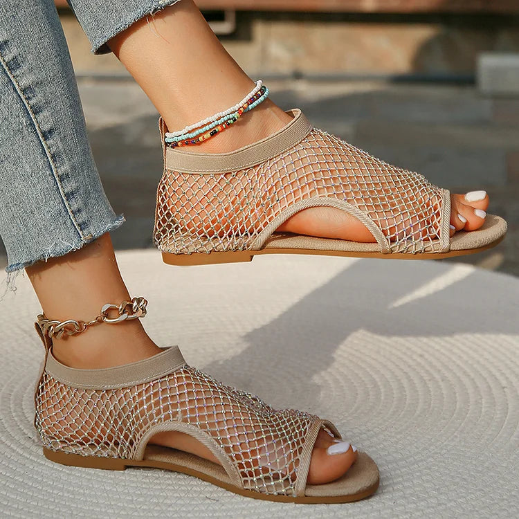 Fishnet Hollow Rhinestone Decor Round Toe Slip On Sandals