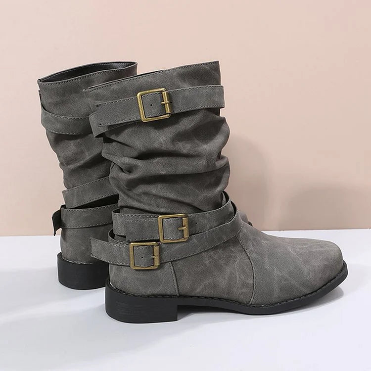 Multi Straps Buckles Patchwork Round Toe Solid Color Mid Boots