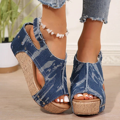 Denim Ripped Rivet Decor Cutout Slingback Strap Platform Wedge Sandals