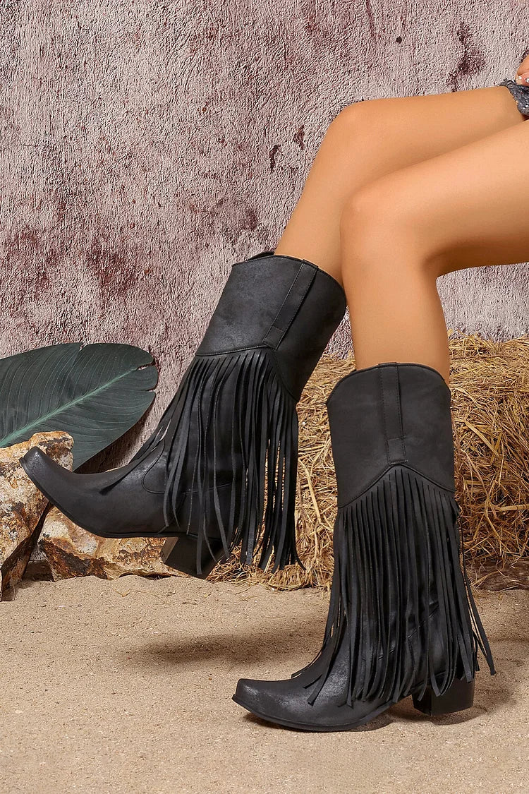 Fringed Trim Solid Color Pointed Toe Chunky Heel Mid Calf Boots