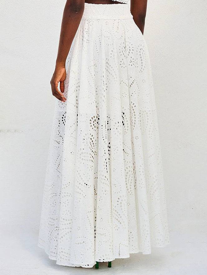 Exquisite embroidered hollow lace long A-line skirt