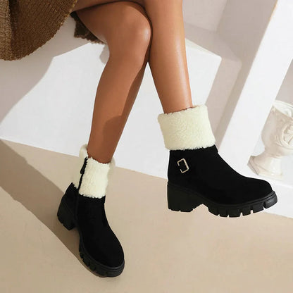 Round Toe Strap Buckle Decor Fluffy Trim Chunky Heel Snow Boots