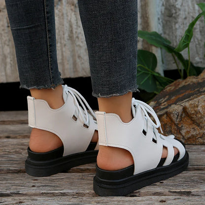 Casual Hollowed Lace Up Peep Toe Muffin Sandals