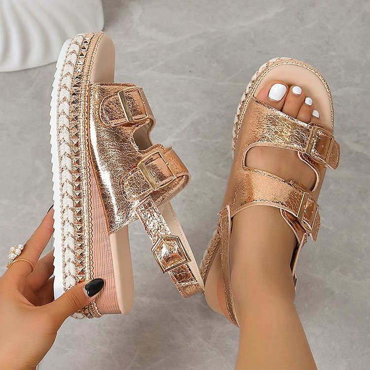 Metallic Sheen Slingback Strap Studded Buckles Platform Sandals