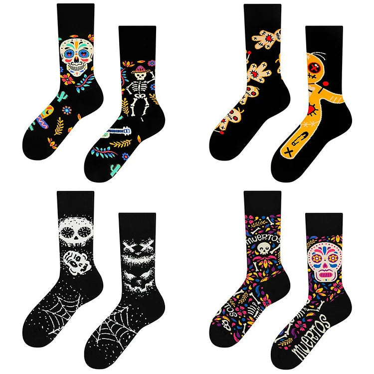 Halloween Muppet Doll Blossom Guitar Skeleton Print Mid Calf Socks