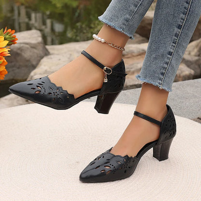 Openwork Design Pointed Toe Ankle Strap Buckle Chunky Heels