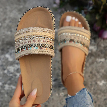 Retro Ethnic Pattern Studded Beads Espadrille Woven Platform Slippers