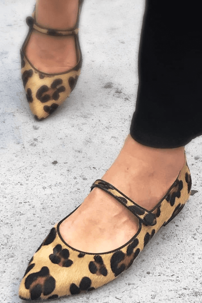 Leopard Print Faux Suede Ankle Strap Pointy Flats