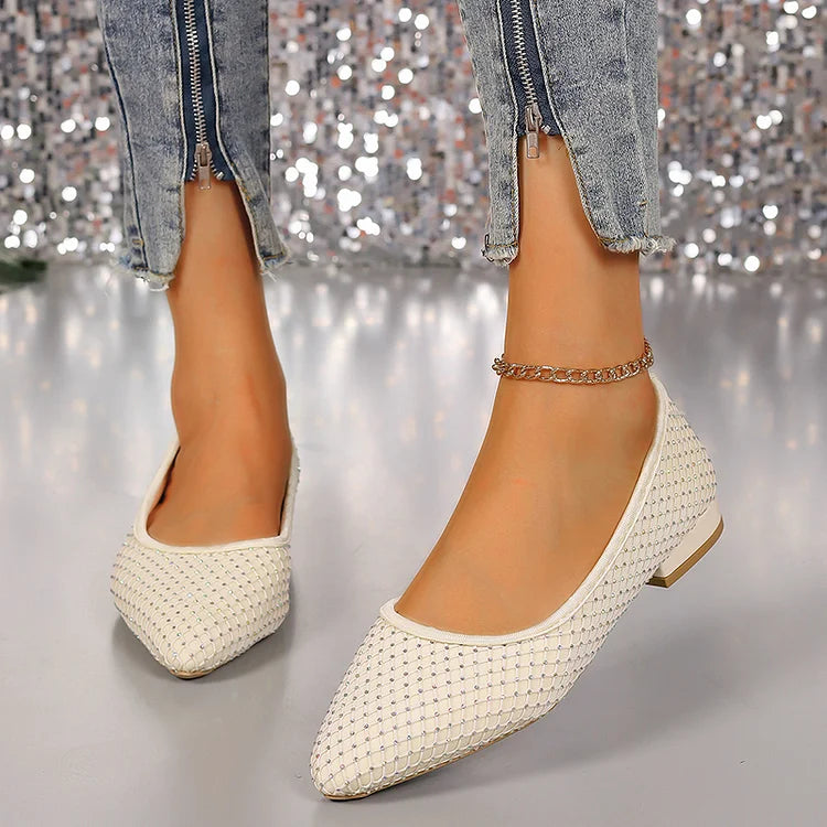 Rhinestone Decor Fishnet Patchwork Pointed Toe Flats