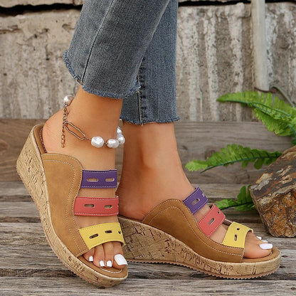 Color Block Quilted Hollow Out Peep Toe Wedge Slippers