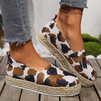 Leopard Pattern Print Low-Top Round Toe Platform Espadrille Loafers