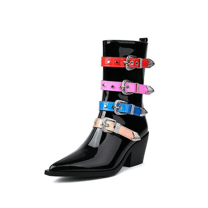 Multicolor Straps Buckles Pointed Toe Chunky Heel Mid Calf Boots