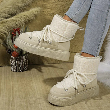 Patchwork Round Toe Lace Up Low Platform Snow Boots