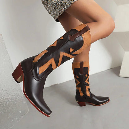 Colorblock Patchwork Pointed Toe Chunky Heel Western Boots