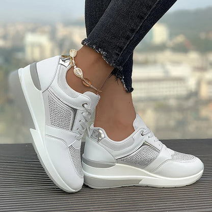 Rhinestone Embellished Patchwork Lace Up Wedge Sneakers