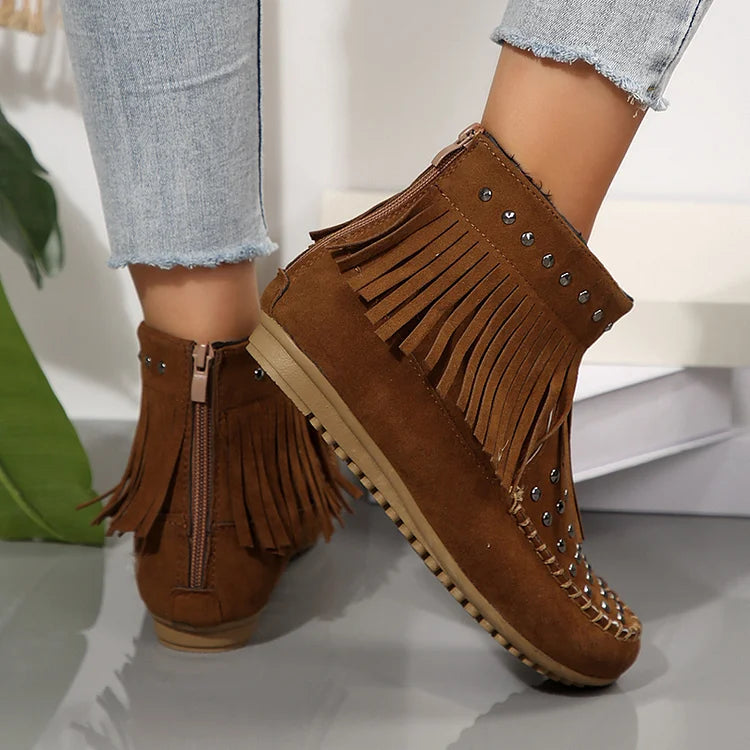 Metal Rivets Round Toe Fringed Trim Zipper Ankle Boots