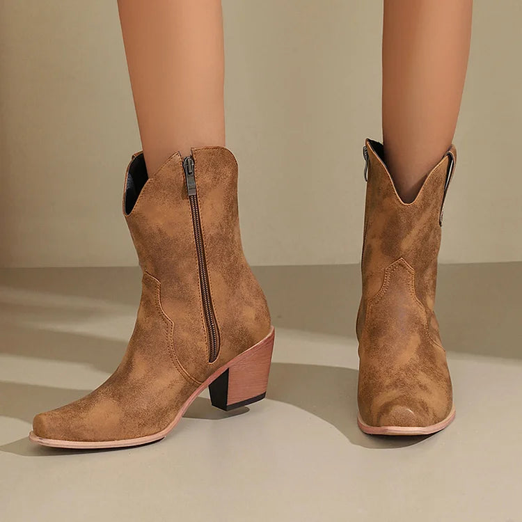 Patchwork Pointed Toe Chunky Heel Zipper Western Boots