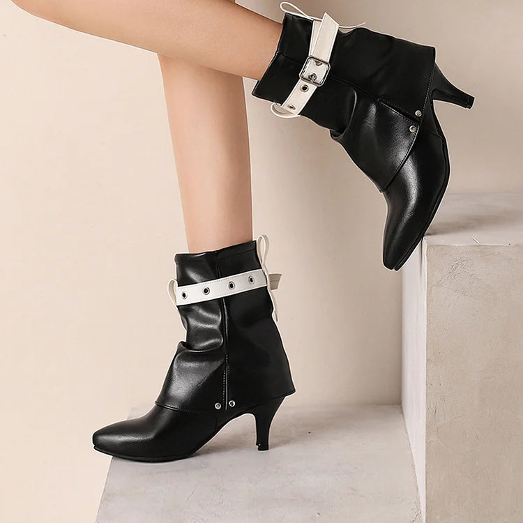 Colorblock Strap Buckle Fold Over Pointed Toe Kitten Heel Ankle Boots