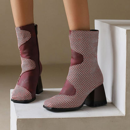 Snake Print Patchwork Square Toe Chunky Heel Mid Calf Boots