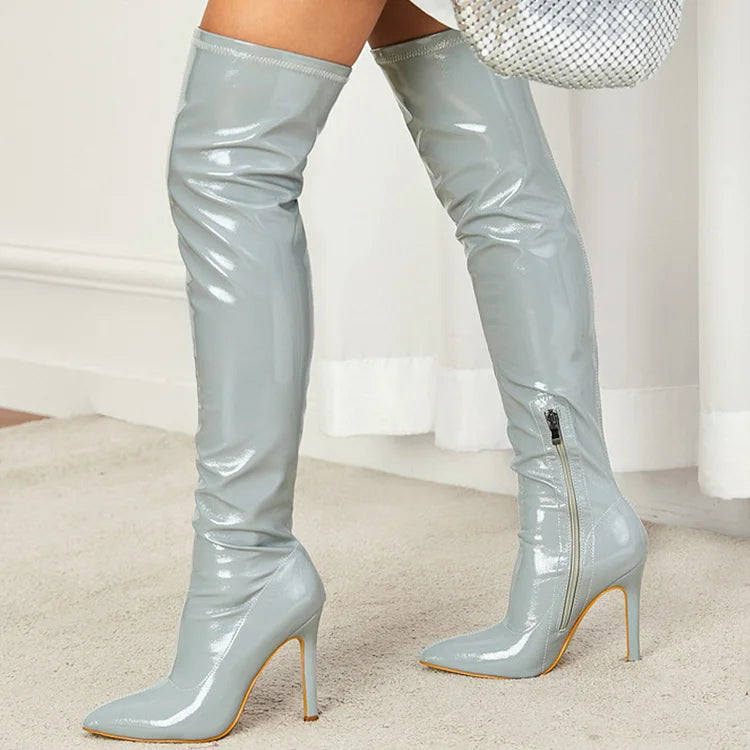 Pointed Toe Zipper Solid Color Stiletto Heel Over The Knee Boots