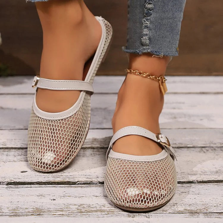 Hollow Out Mesh Instep Strap Plain Casual Round Toe Flats