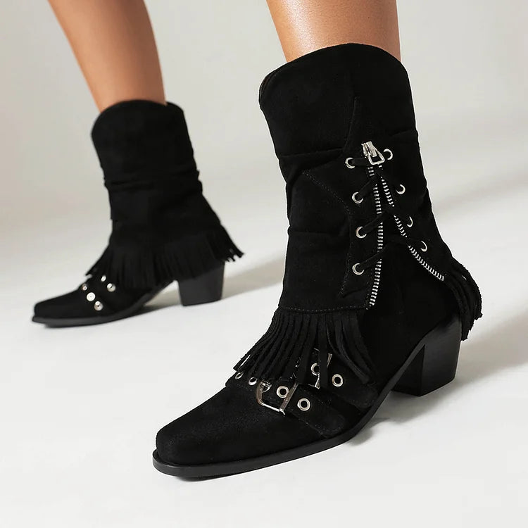 Fold Over Fringed Trim Zipper Pointed Toe Chunky Heel Western Boots