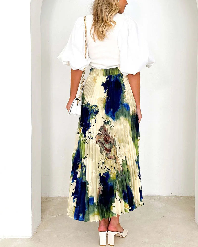 High-end oil painting printed pleated A-line pleated skirt