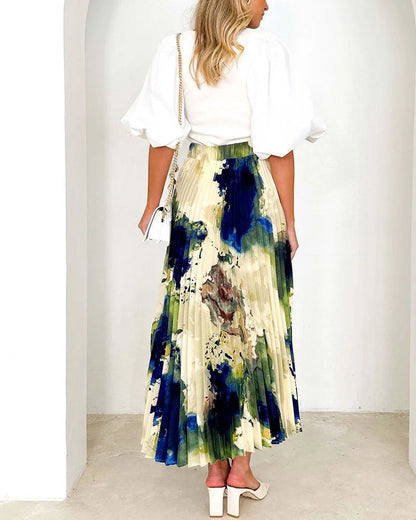 High-end oil painting printed pleated A-line pleated skirt