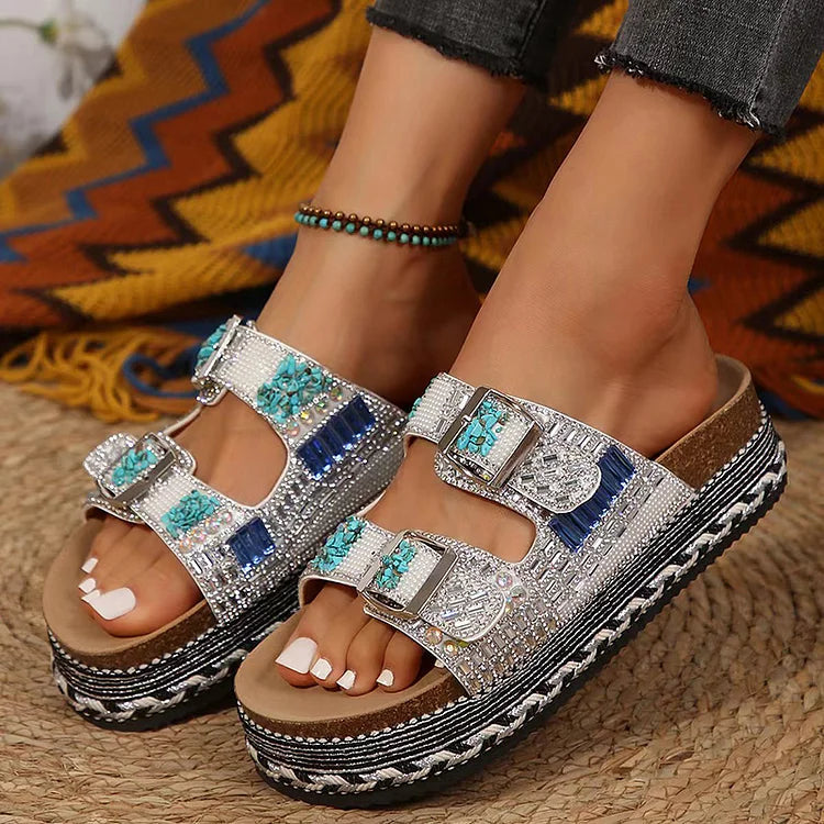 Double Buckles Rhinestone Embellished Platform Round Toe Slippers