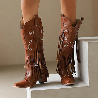 Tribal Pattern Embroidery Fringe Pointed Toe Chunky Heel Western Boots